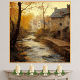 Autumnal Stream by the Cottage – Rustic Fall Landscape Oil Painting Print on Ready to Hang 1.5" Thick Canvas Wrap, Floating Framed Canvas, Flat Rolled Canvas